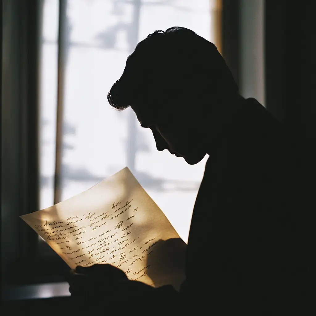 Mann liest konzentriert einen handgeschriebenen Brief im Gegenlicht – symbolisiert Nostalgie, Erinnerung oder persönliche Kommunikation.