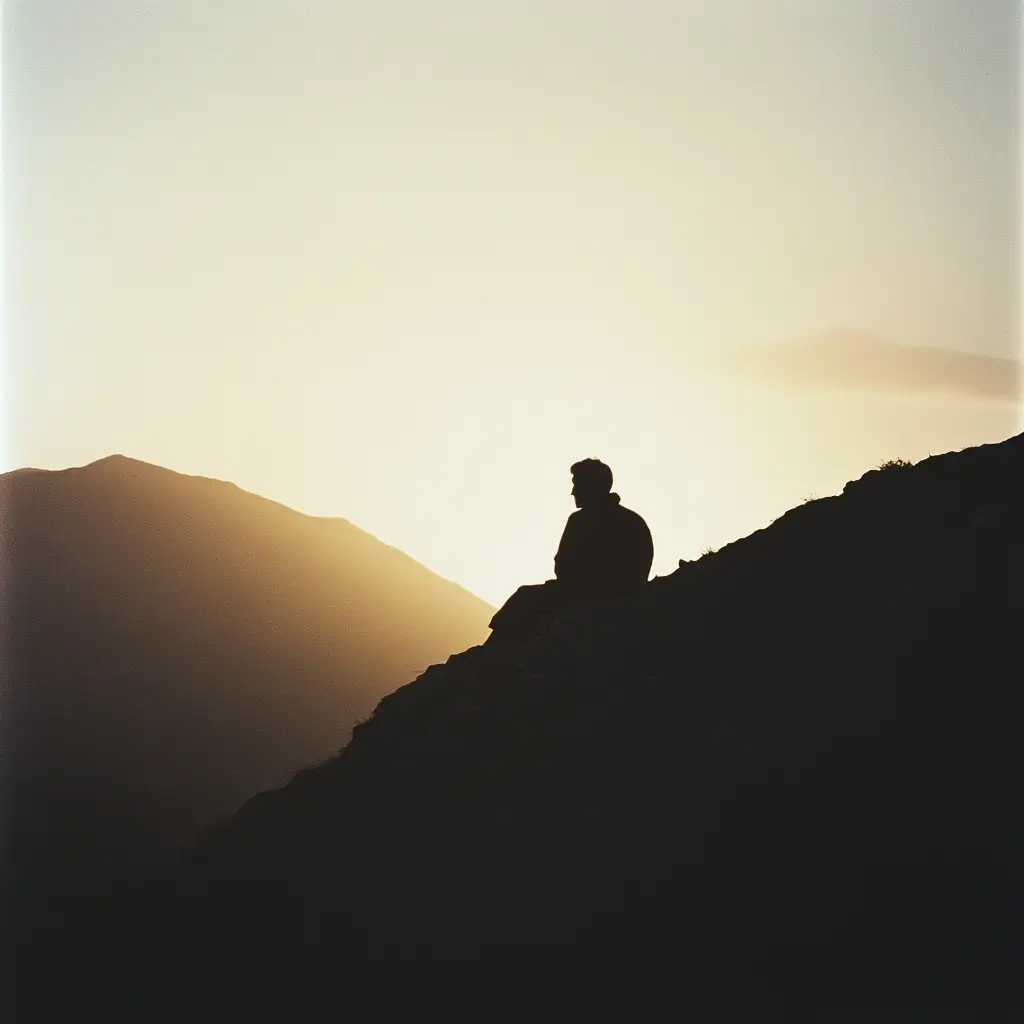 Silhouette einer Person auf einem Berghang im Sonnenuntergang – symbolisiert Ruhe und Achtsamkeit.