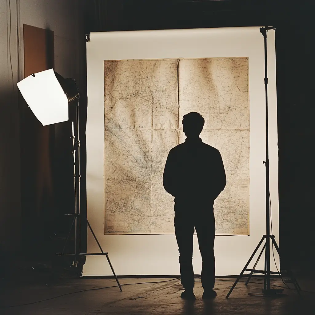Silhouette einer Person vor einer alten Landkarte im Fotostudio – symbolisiert Reiseplanung, historische Forschung oder Orientierung.