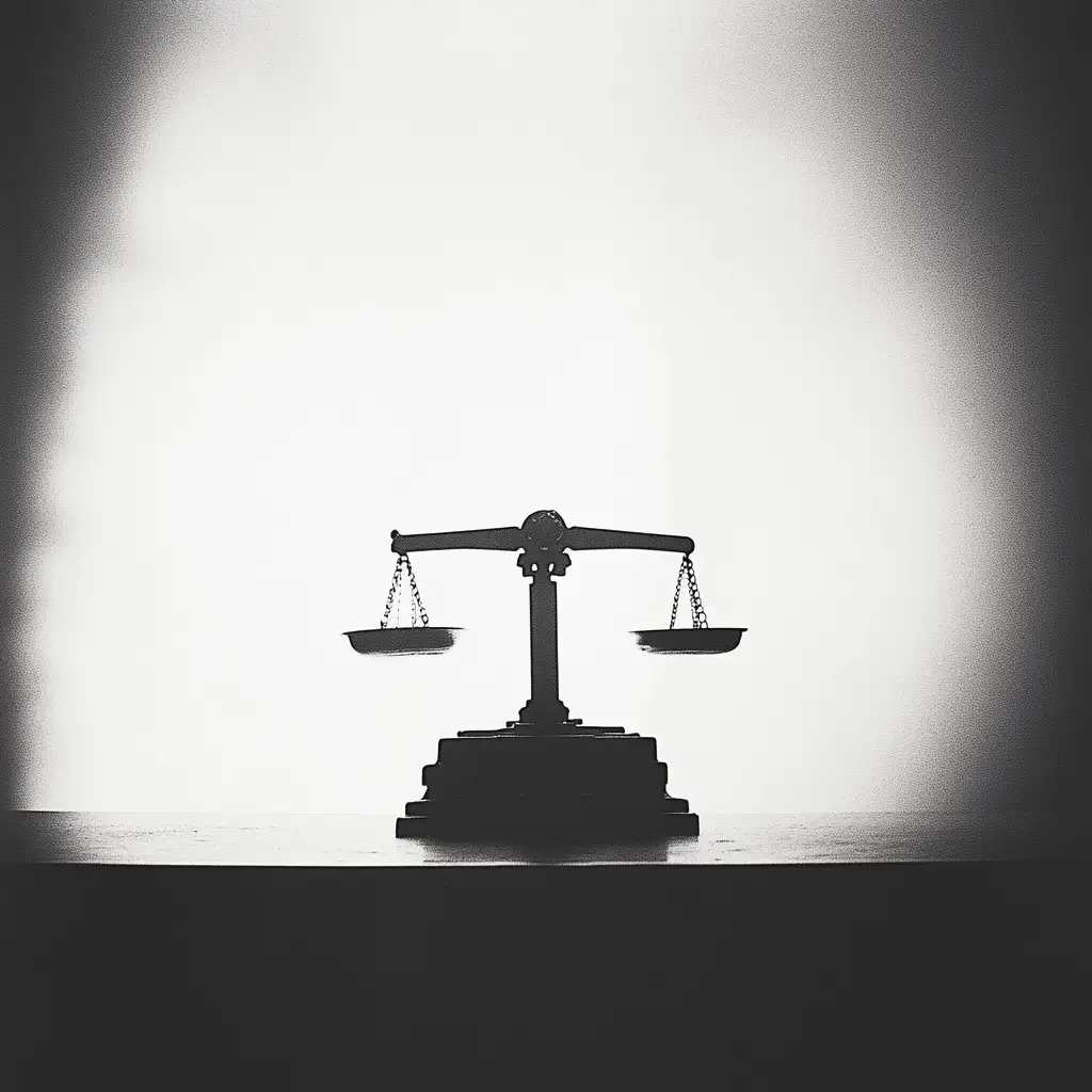 Silhouette einer Waage auf einem Tisch vor hellem Hintergrund – symbolisiert Gerechtigkeit, Gleichgewicht und ethische Abwägung.