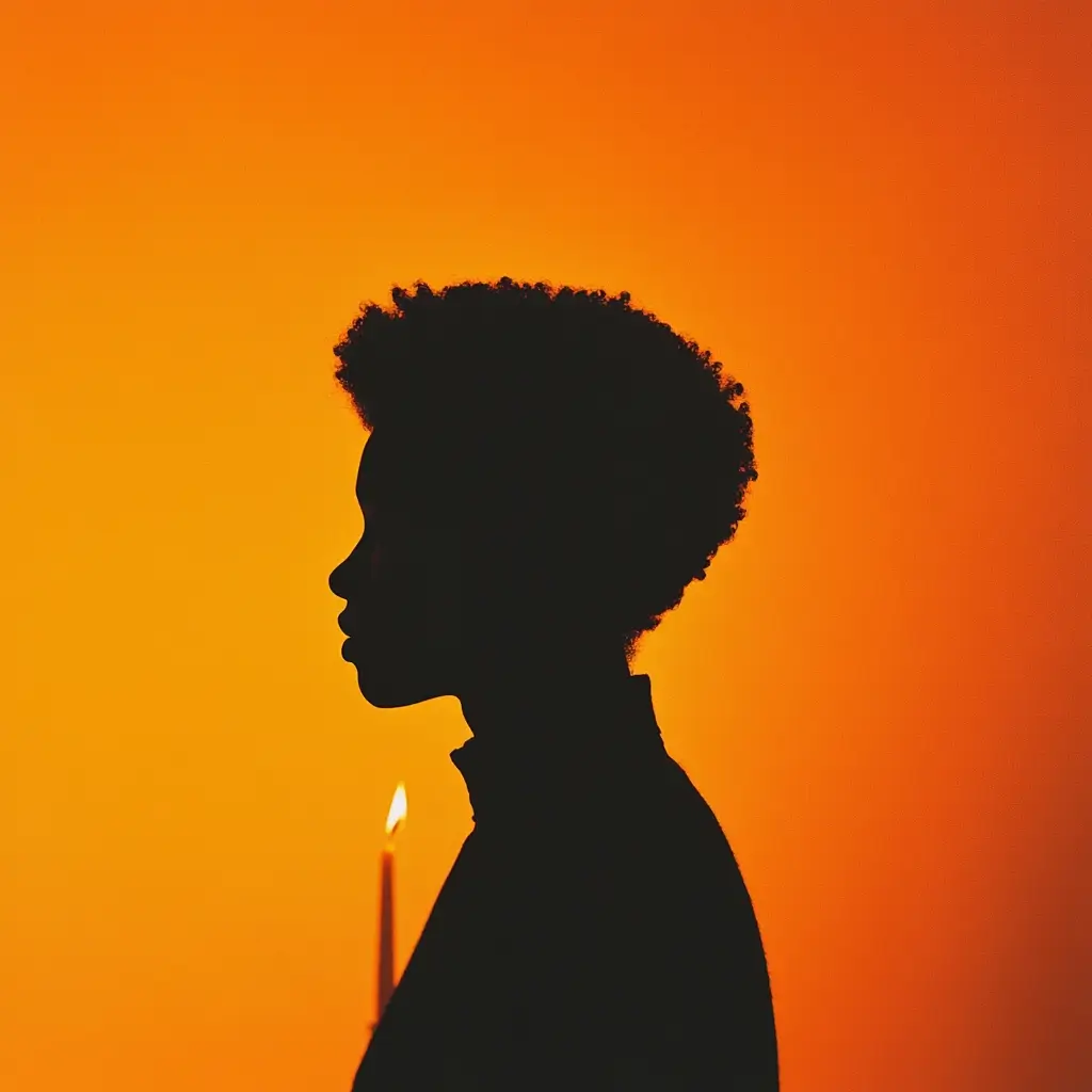 Silhouette einer Person mit kurzem Afro-Haar vor orangefarbenem Hintergrund, hält eine brennende Kerze – symbolisiert Licht, Erinnerung oder innere Einkehr.