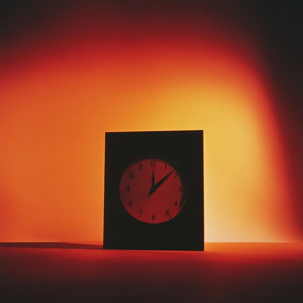 Analoge Wanduhr in schwarzem Rahmen vor orangenem Hintergrund, zeigt kurz nach Mitternacht – symbolisiert Neuanfang oder Countdown.