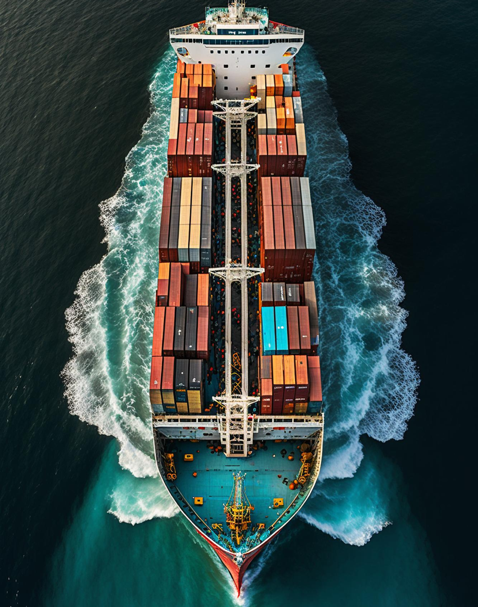 Aerial view of a large cargo ship with stacked containers sailing through deep blue water, creating white wake waves.