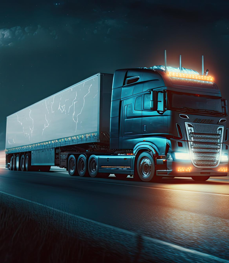 Modern blue semi-truck with a large trailer driving on a highway at night under a starry sky.