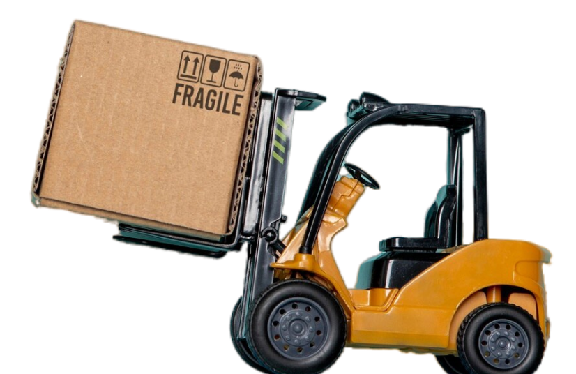 Yellow forklift lifting a cardboard box labeled fragile.