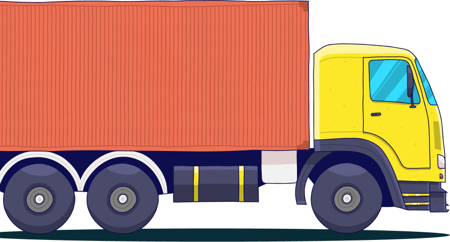 Side view of a yellow semi-truck with an orange cargo container attached.