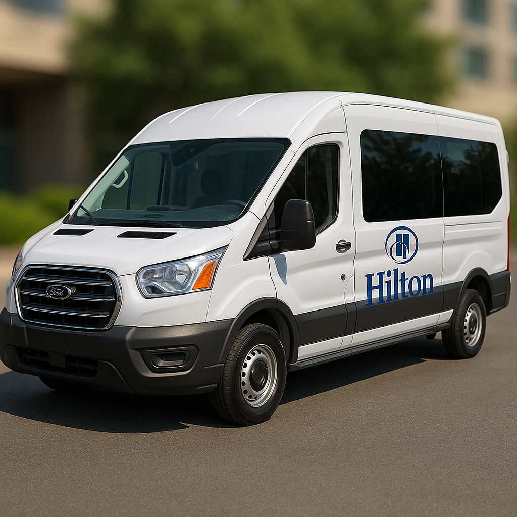 White Ford shuttle van with Hilton logo on the side parked on a street.