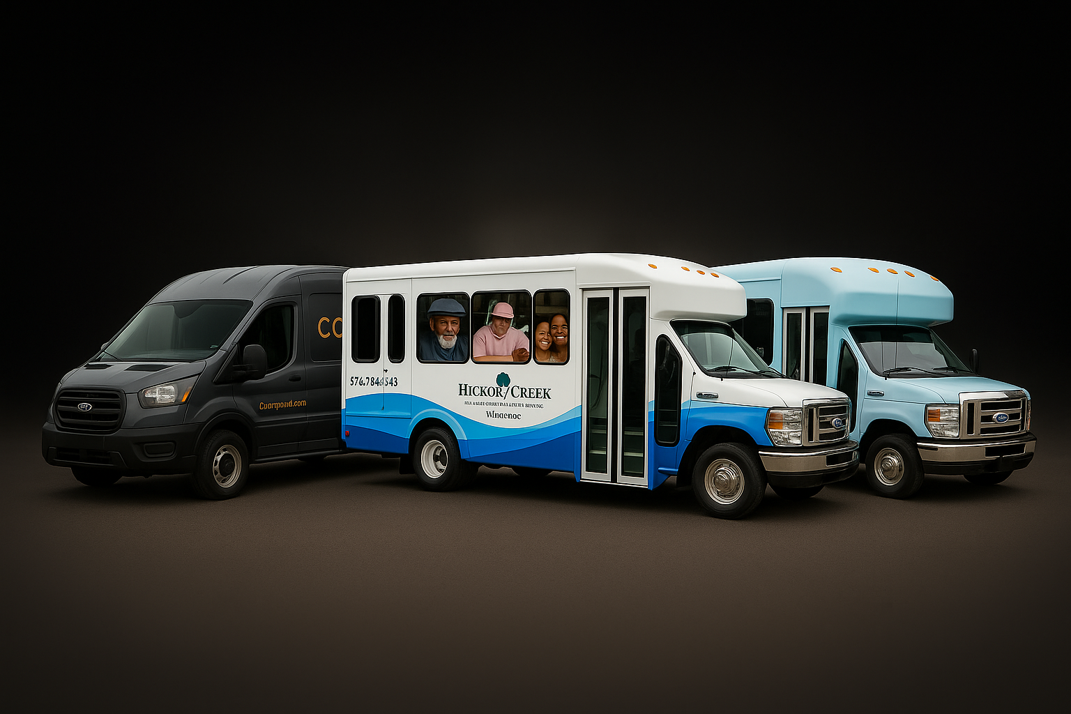 Three Ford transit vans including black delivery van and two white and blue shuttles, one with smiling passengers visible through windows.