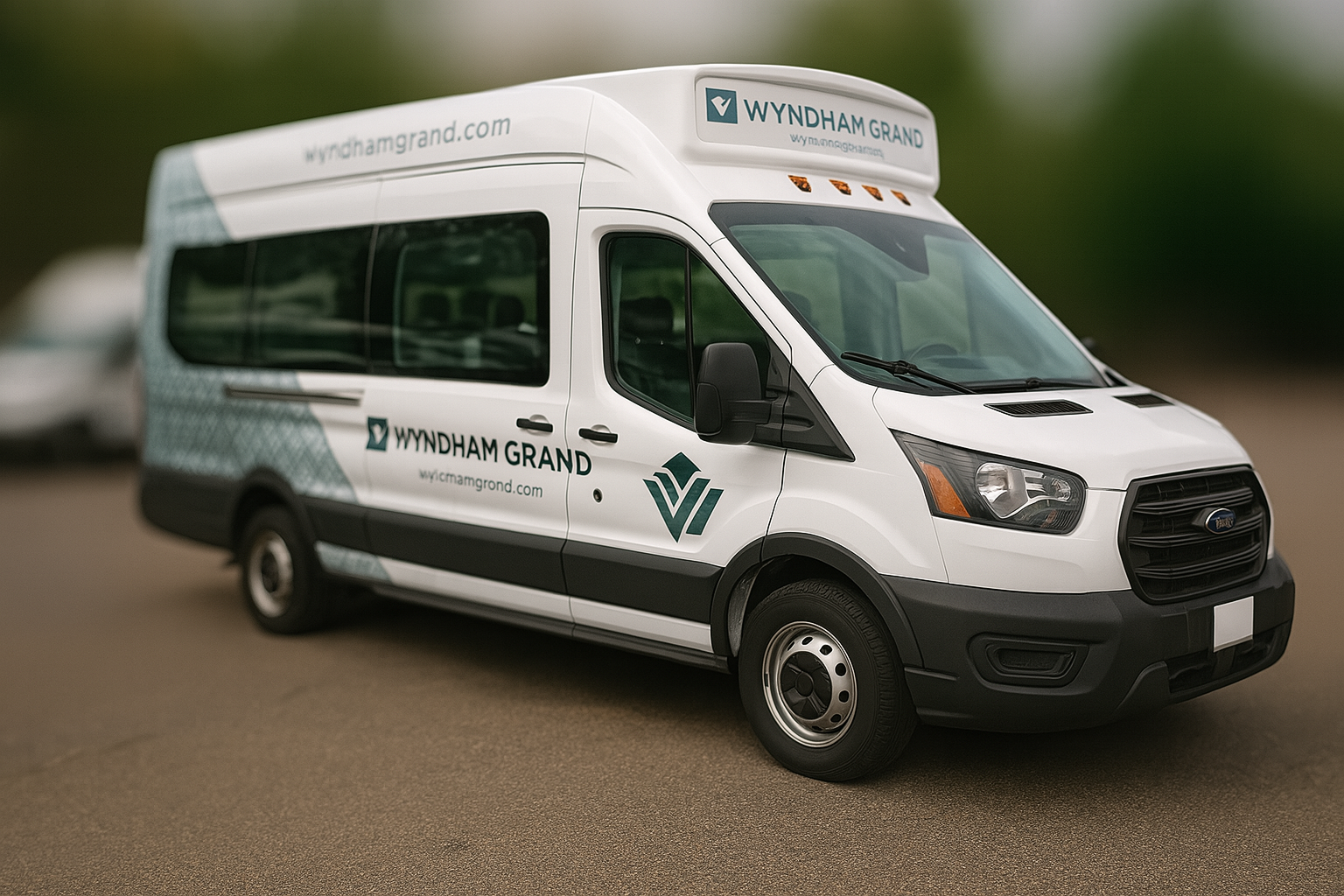 White Wyndham Grand shuttle van parked on a street with company logo and website displayed.