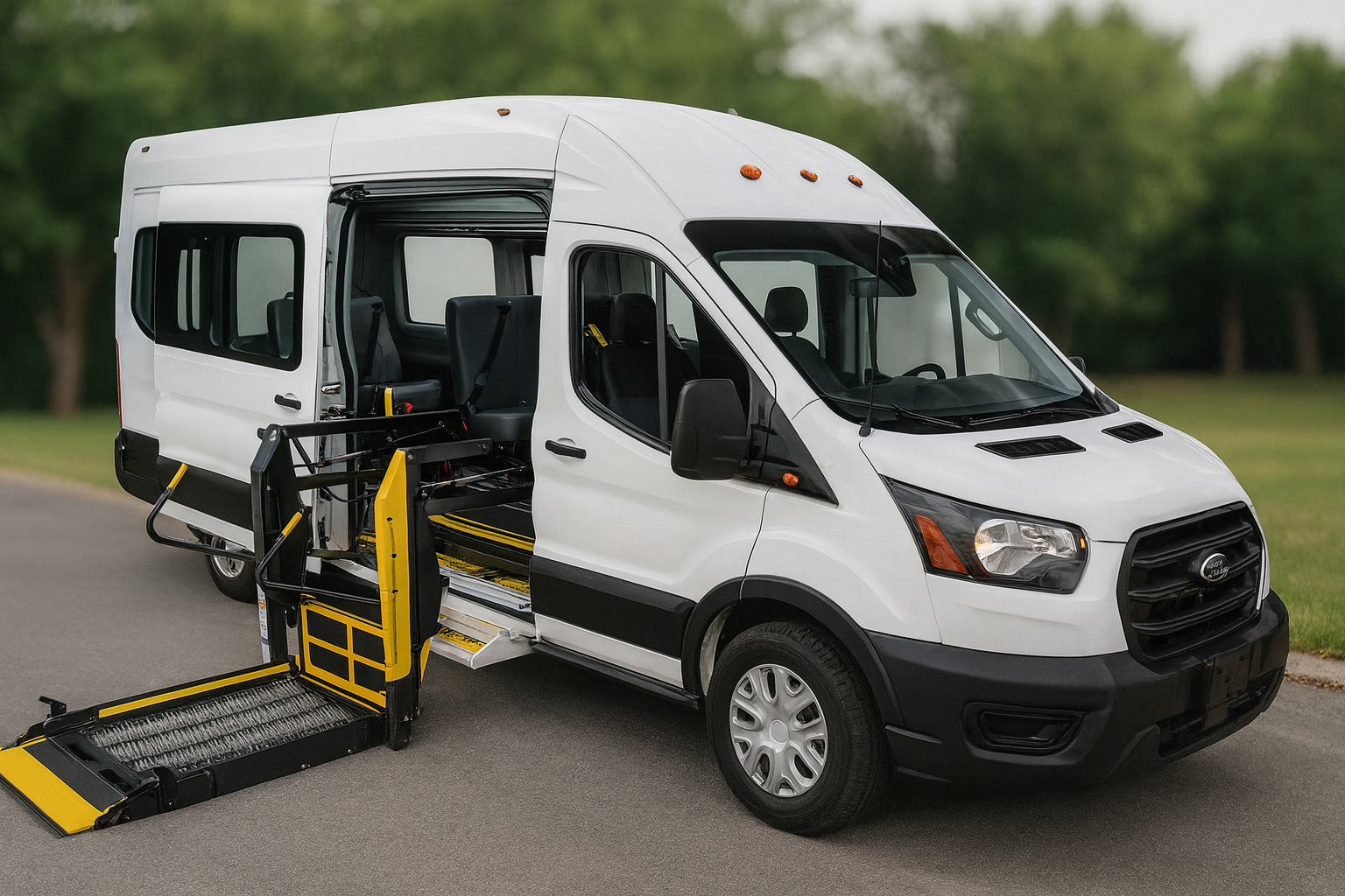 White wheelchair-accessible van with an extended ramp deployed on a road, surrounded by greenery.