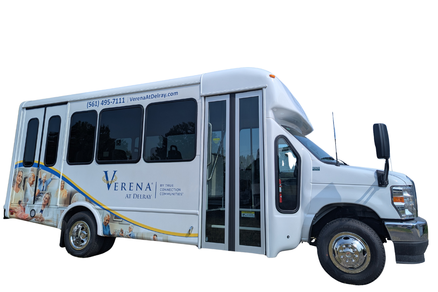 White Verena at Delray senior living community shuttle bus with company logo and phone number on side.