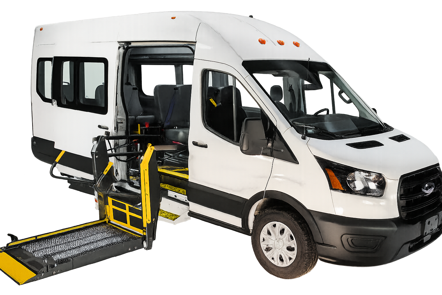 White passenger van with side door open and wheelchair lift extended, showing interior seats.