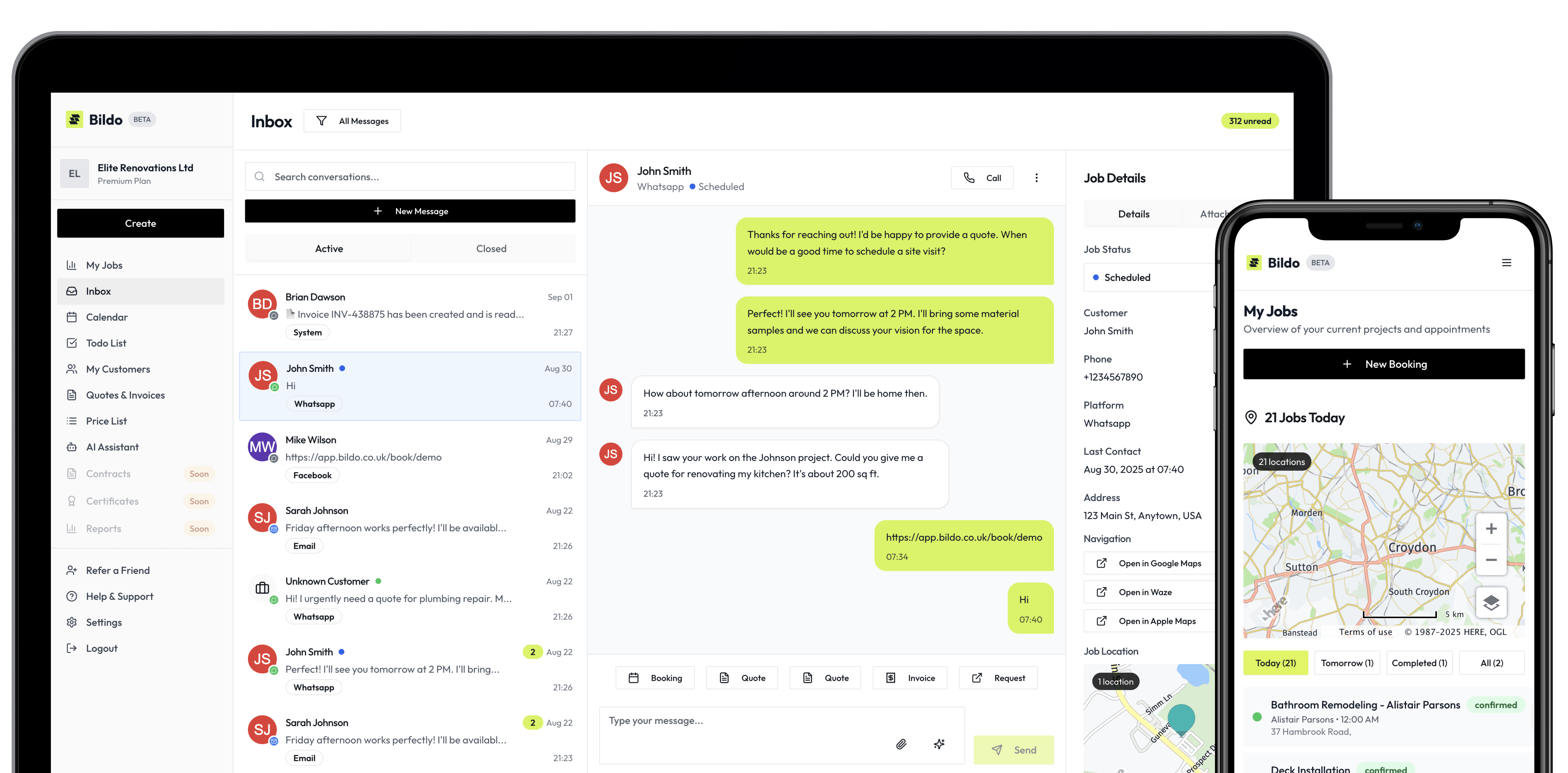 Bildo job management software for tradesmen user interface