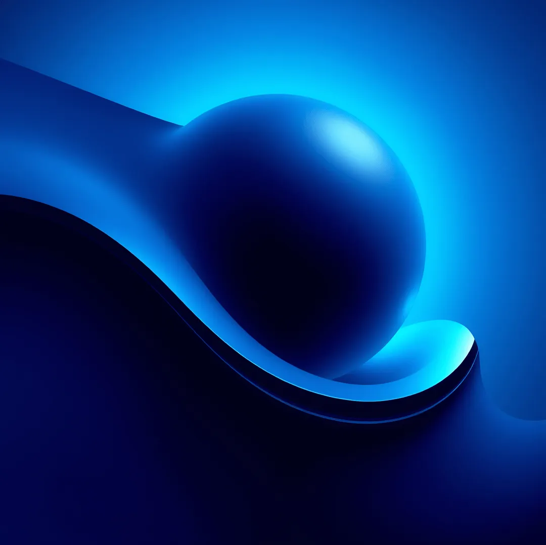 Glossy dark blue sphere resting on a smooth curved surface with glowing blue light.