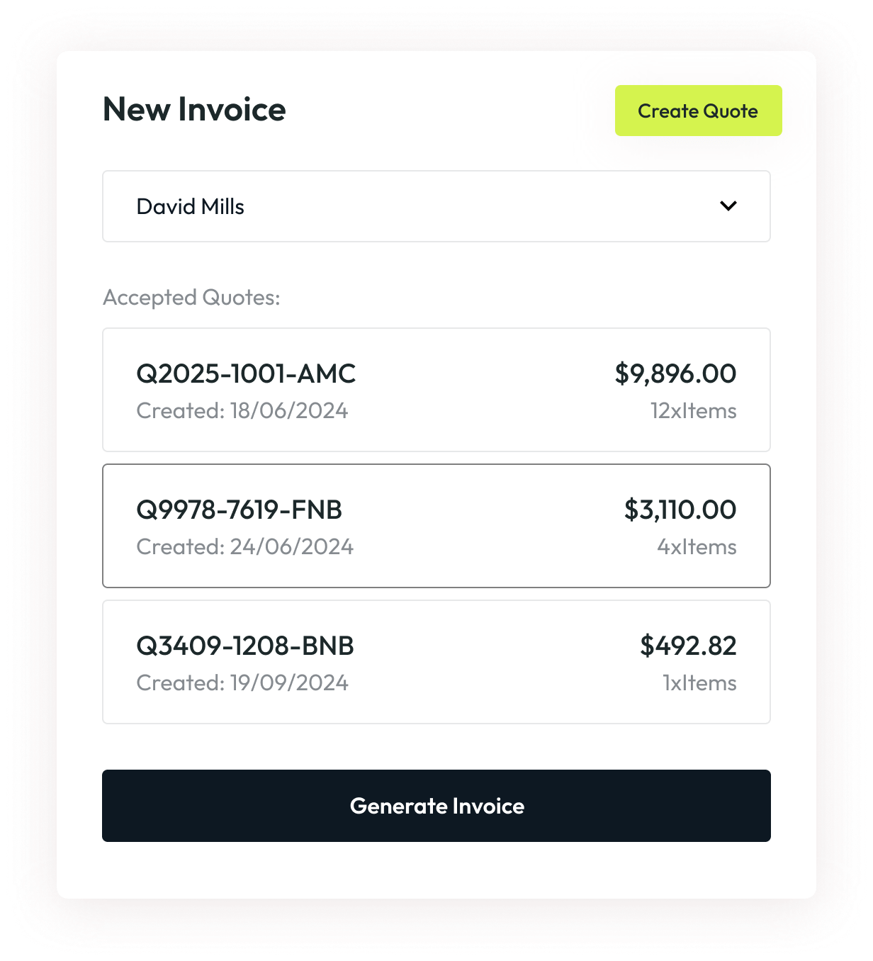 Invoice creation interface showing client David Mills, three accepted quotes with IDs, dates, amounts, and item counts, plus Create Quote and Generate Invoice buttons.