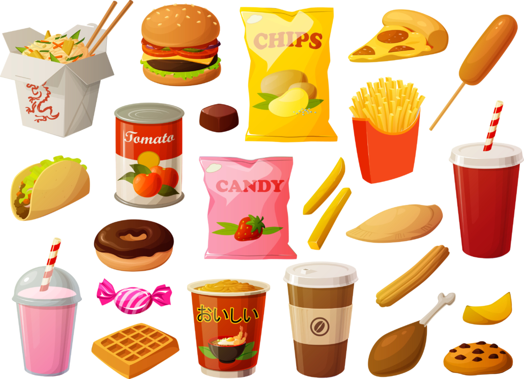 Vector illustration of various unhealthy sweet and deep fried convenient fast take out food isolated on white background