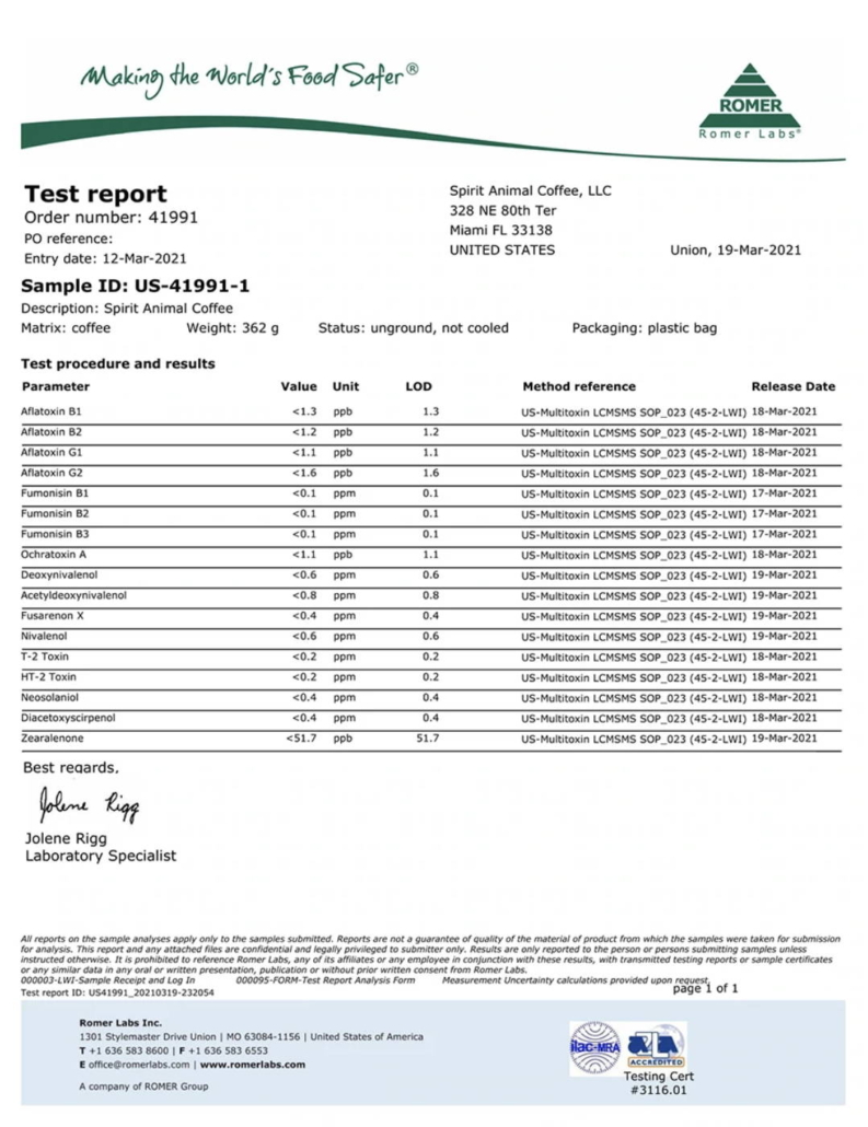 lab test of mold free coffee