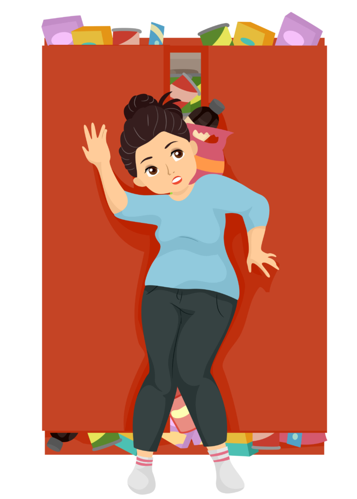 Illustration of a Teenage Fat Girl Closing and Hiding Pantry Full of Junk Food