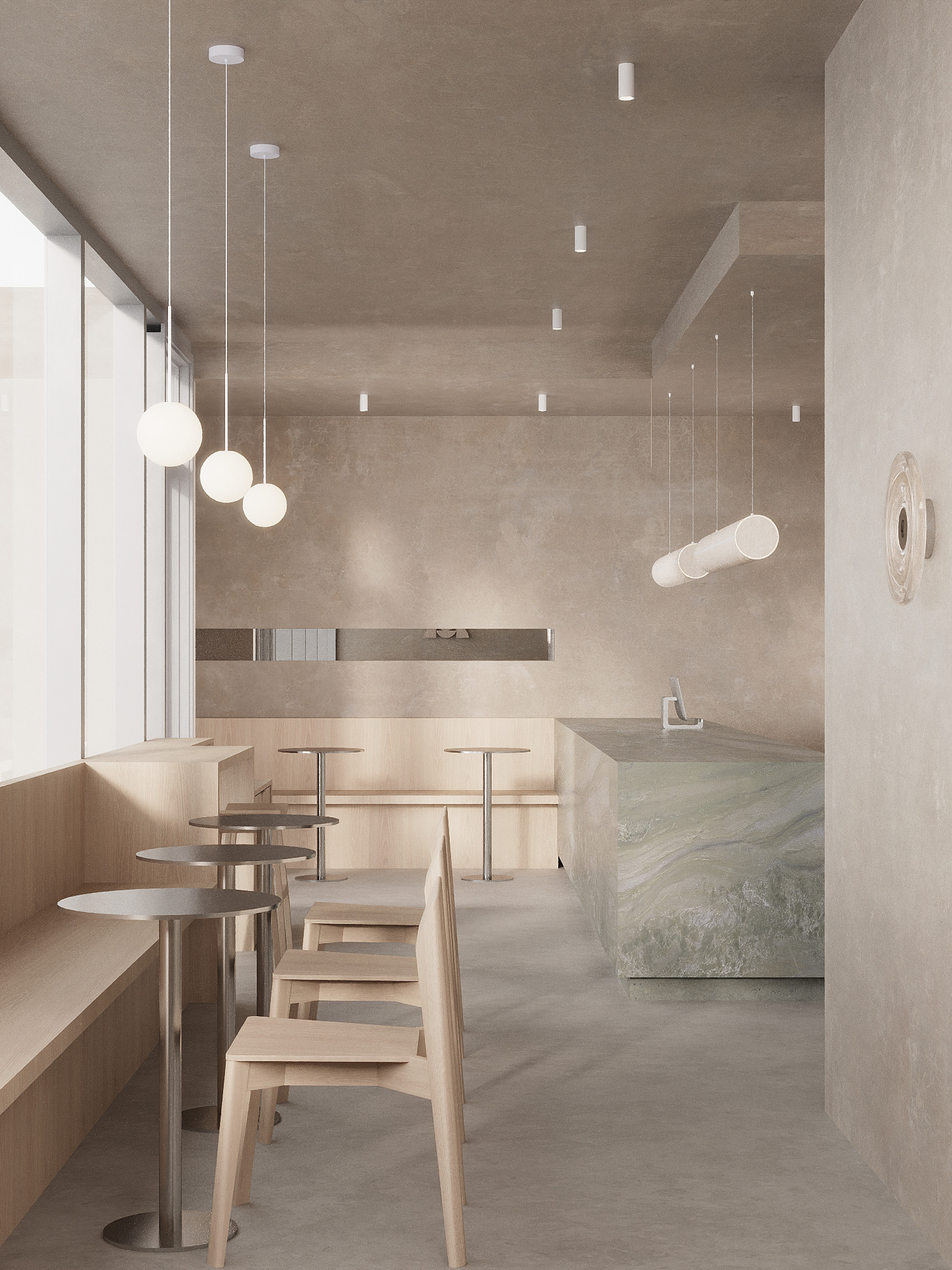 Minimalist café interior with wooden chairs, round tables, pendant lights, and stone counter.