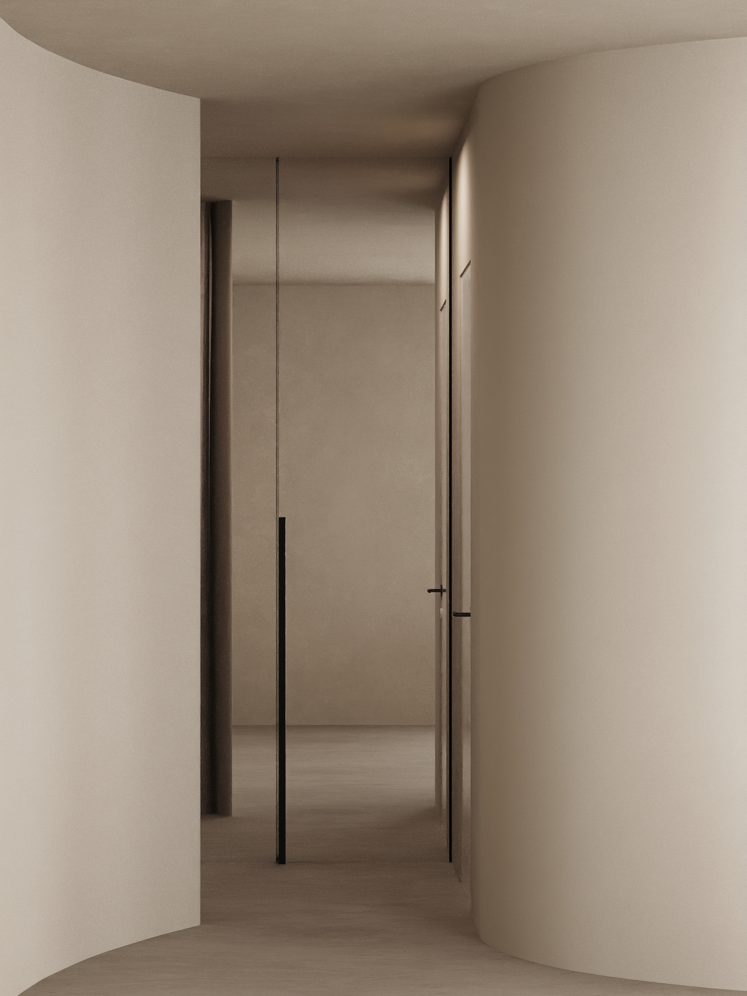 Minimalist beige hallway with curved walls, two closed doors, and a vertical black pendant light.