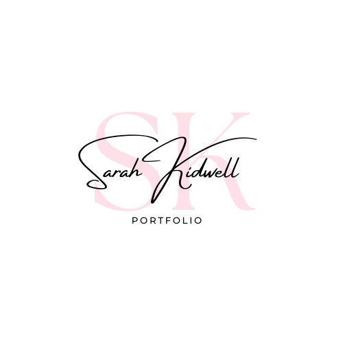 Logo for Sarah Kidwell's portfolio featuring a large, light pink 'SK' in the background. Overlaid in elegant black script is the name 'Sarah Kidwell'. Below, the word 'PORTFOLIO' appears in clean, uppercase black text.
