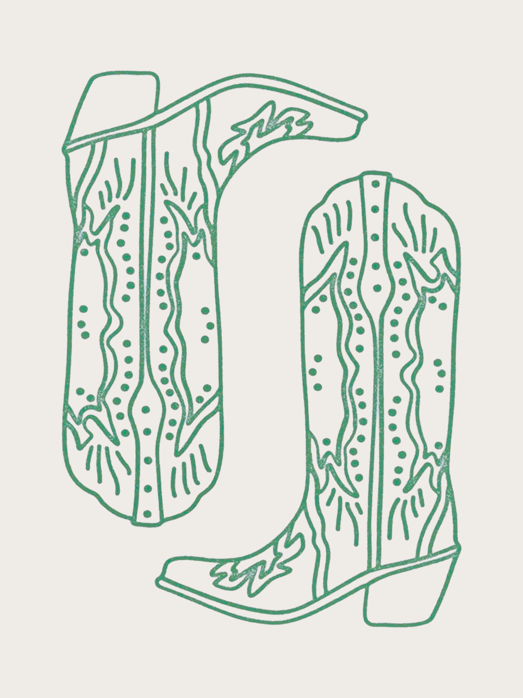 Poster containing emerald green outlined boots, the right boot is upside down and the left boot is the correct way, large print in middle of the poster.