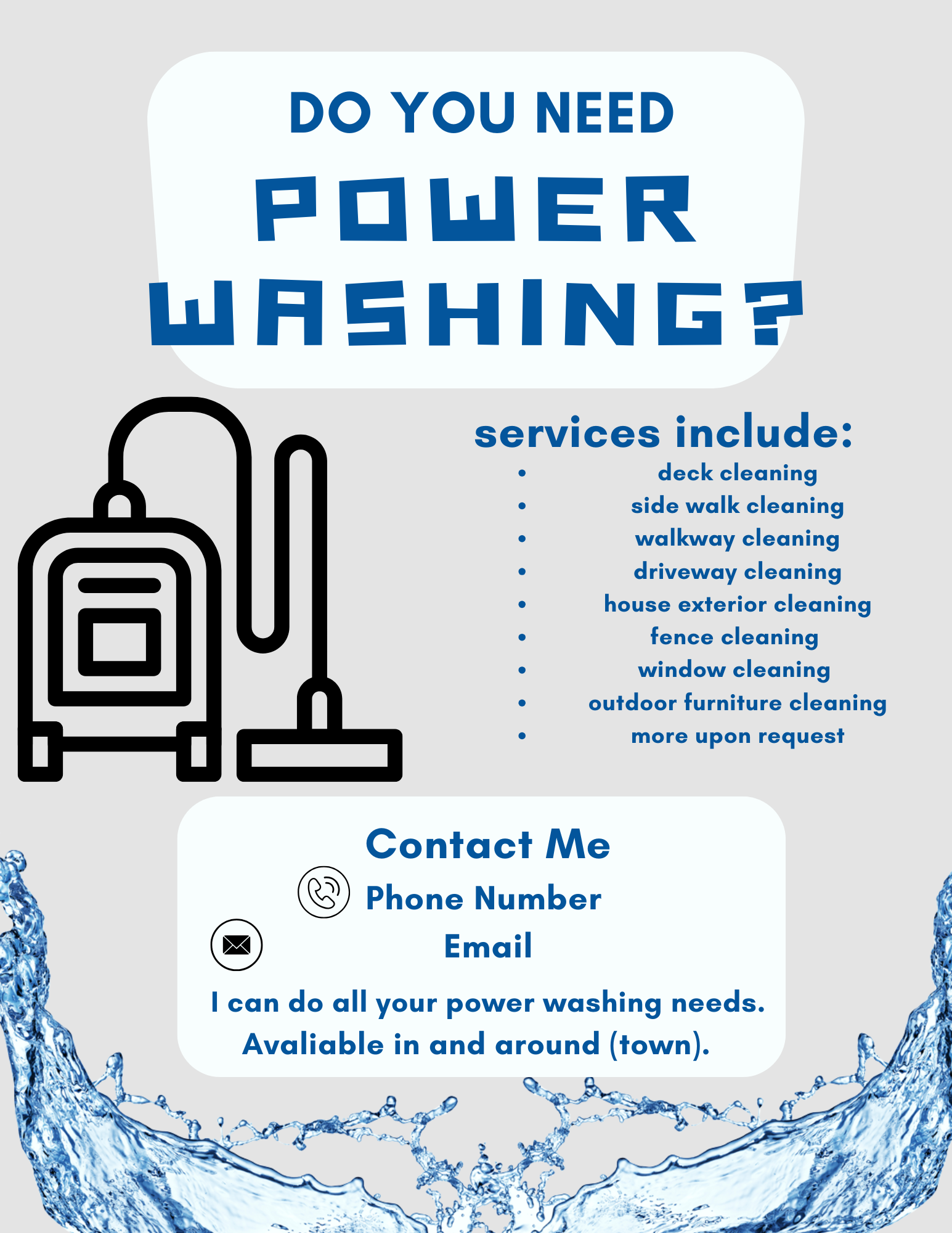 Poster advertisment for power washing, with blue words saying "do you need power washing?" then under bullet points on the right middle side stating the services included, on the left middle side there is a power washing machine, then further information about how to contact located at the bottom of the poster.