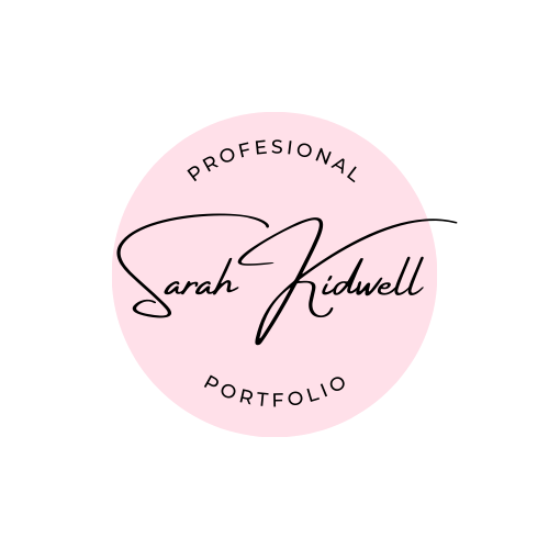 Logo for Sarah Kidwell's portfolio featuring a large, light pink 'SK' in the background. Overlaid in elegant black script is the name 'Sarah Kidwell'. Below, the word 'PORTFOLIO' appears in clean, uppercase black text.