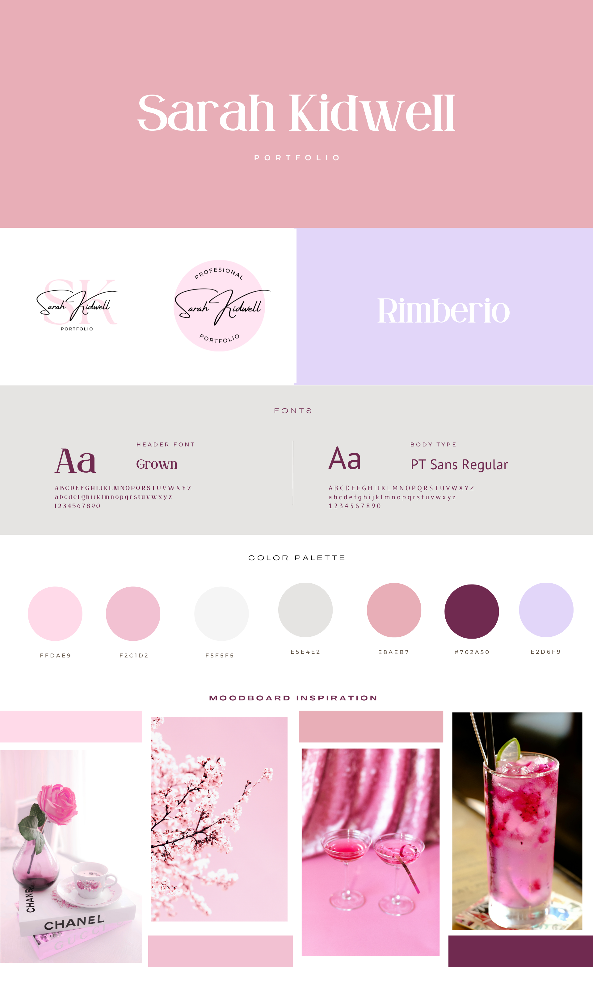 A style board made for this website, including pinks, purples, and greys.