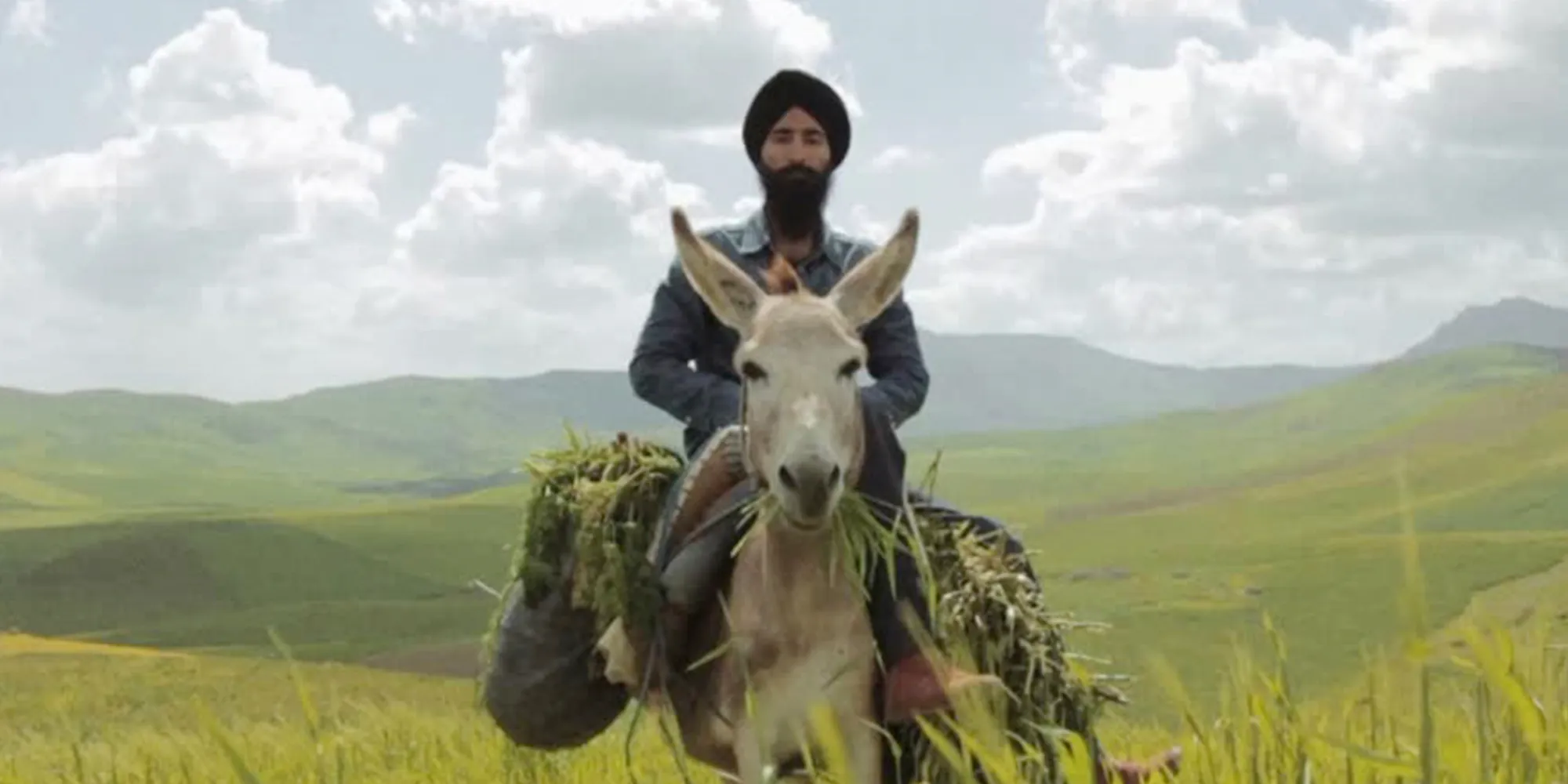 Man in a turban riding a donkey through green hills
