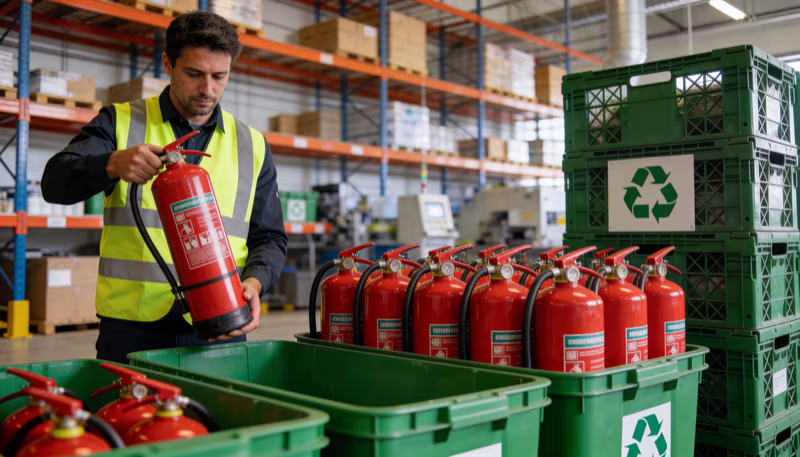 Worker handling fire extinguishers in a recycling warehouse