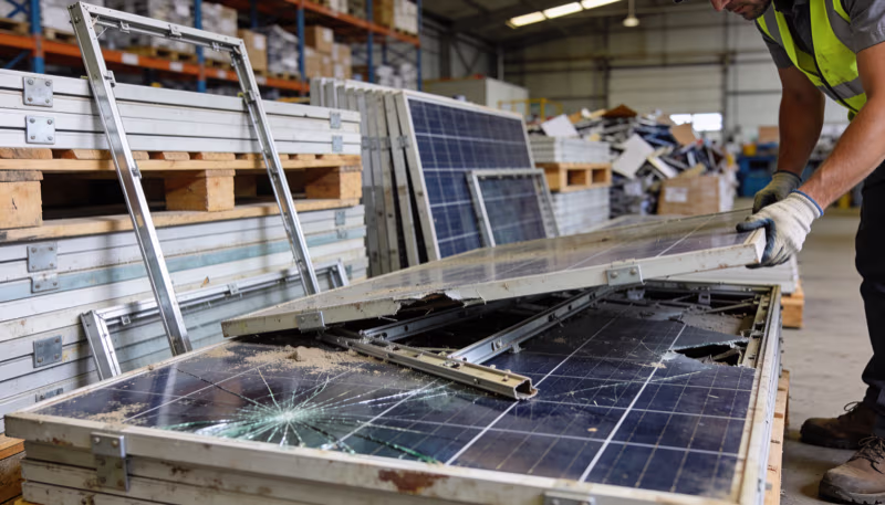 Worker sorting damaged solar panels in a recycling warehouse