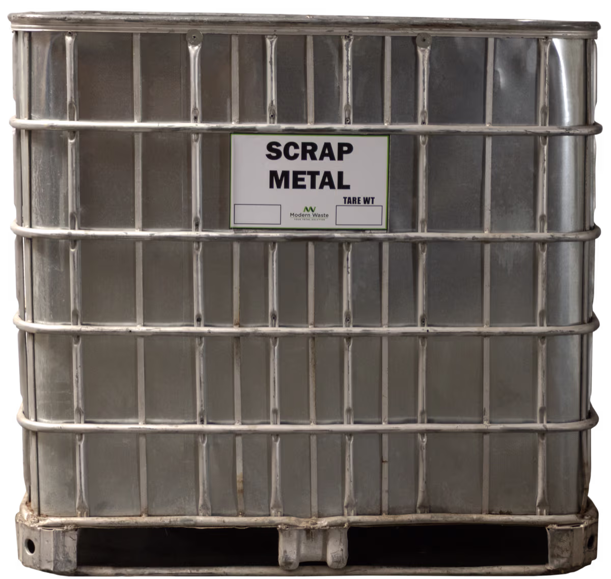 Metal cage container labeled for scrap metal recycling