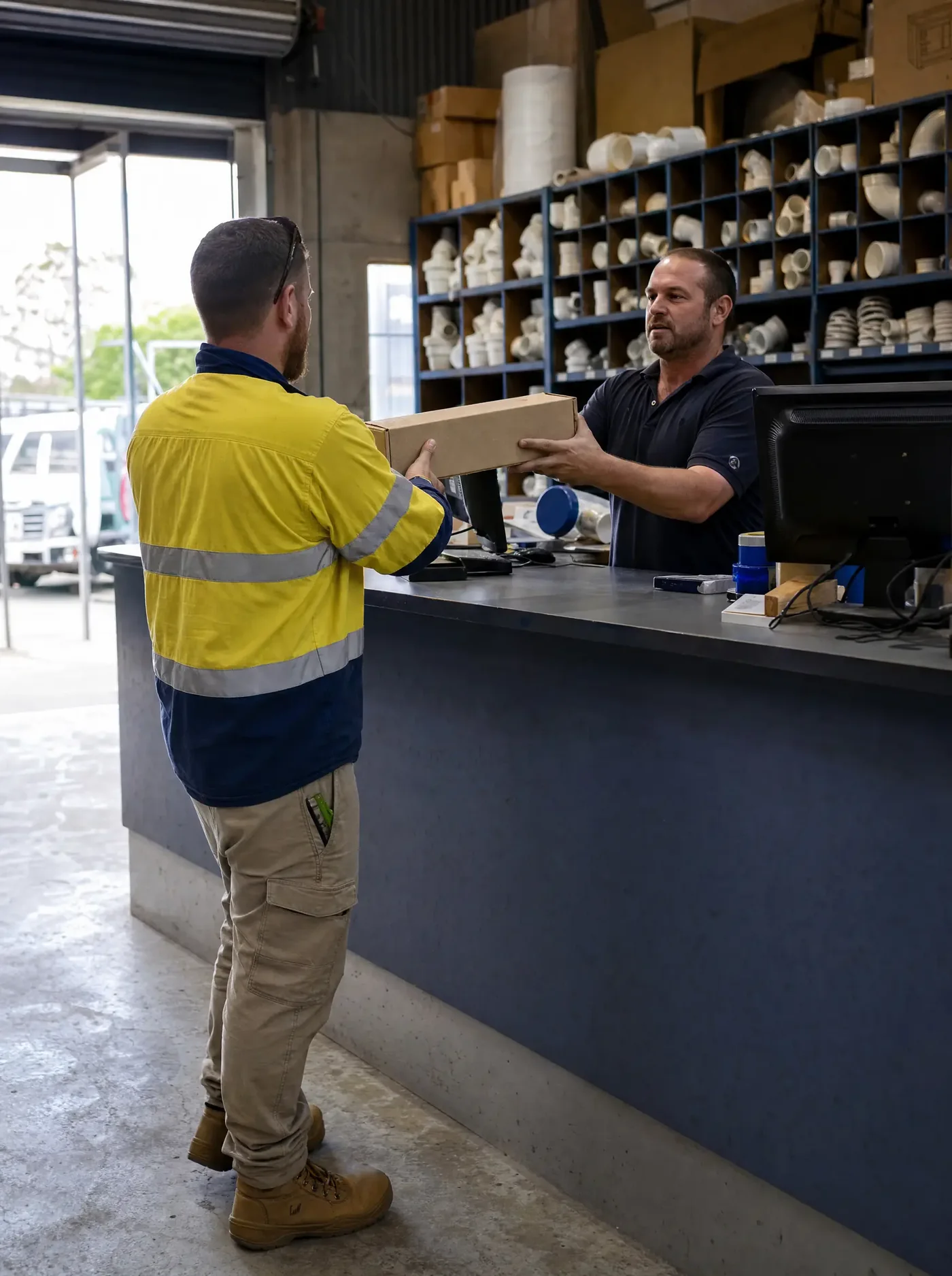 A tradesperson being served at the trade counter of a branch