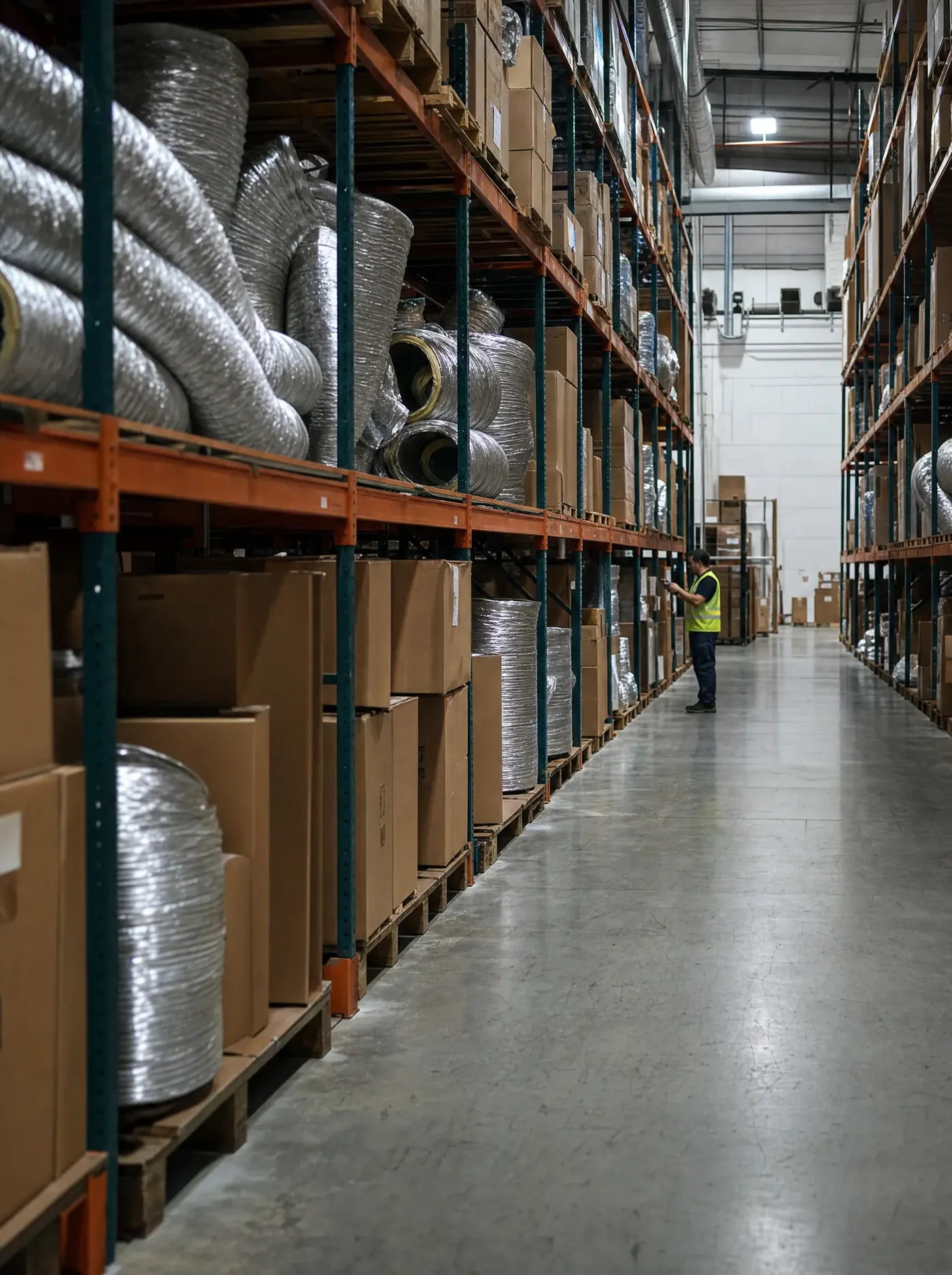 Warehouse aisle stacked with insulated flexible ducting and cartons