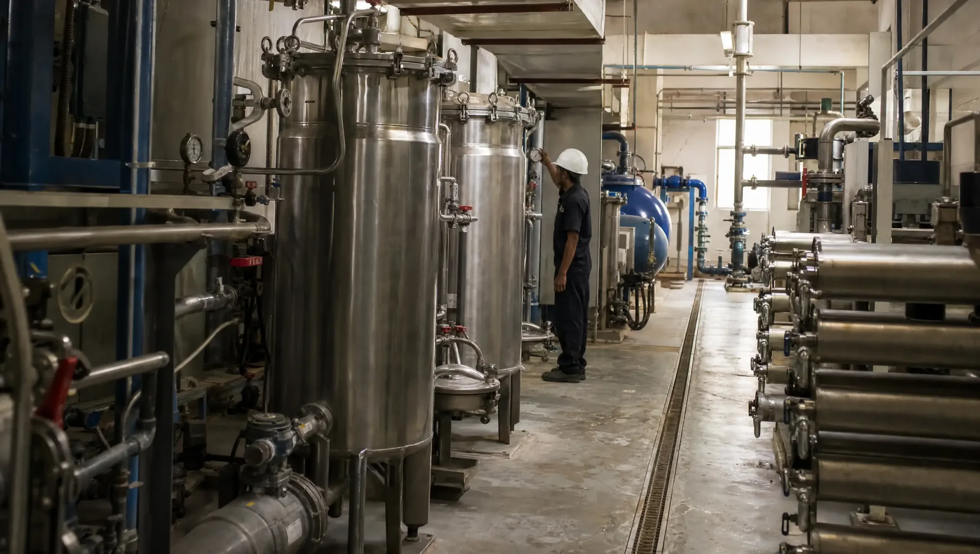 Stainless steel vessels and pipework in a liquid filtration plant room