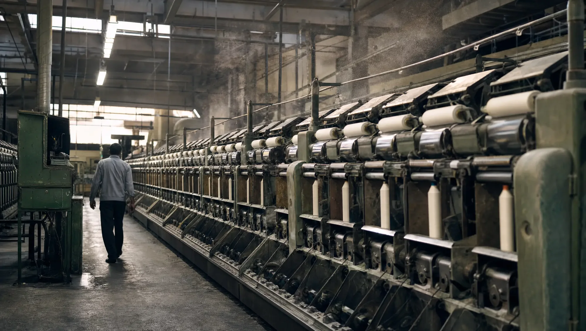Spinning frames and yarn packages on the floor of a textile mill