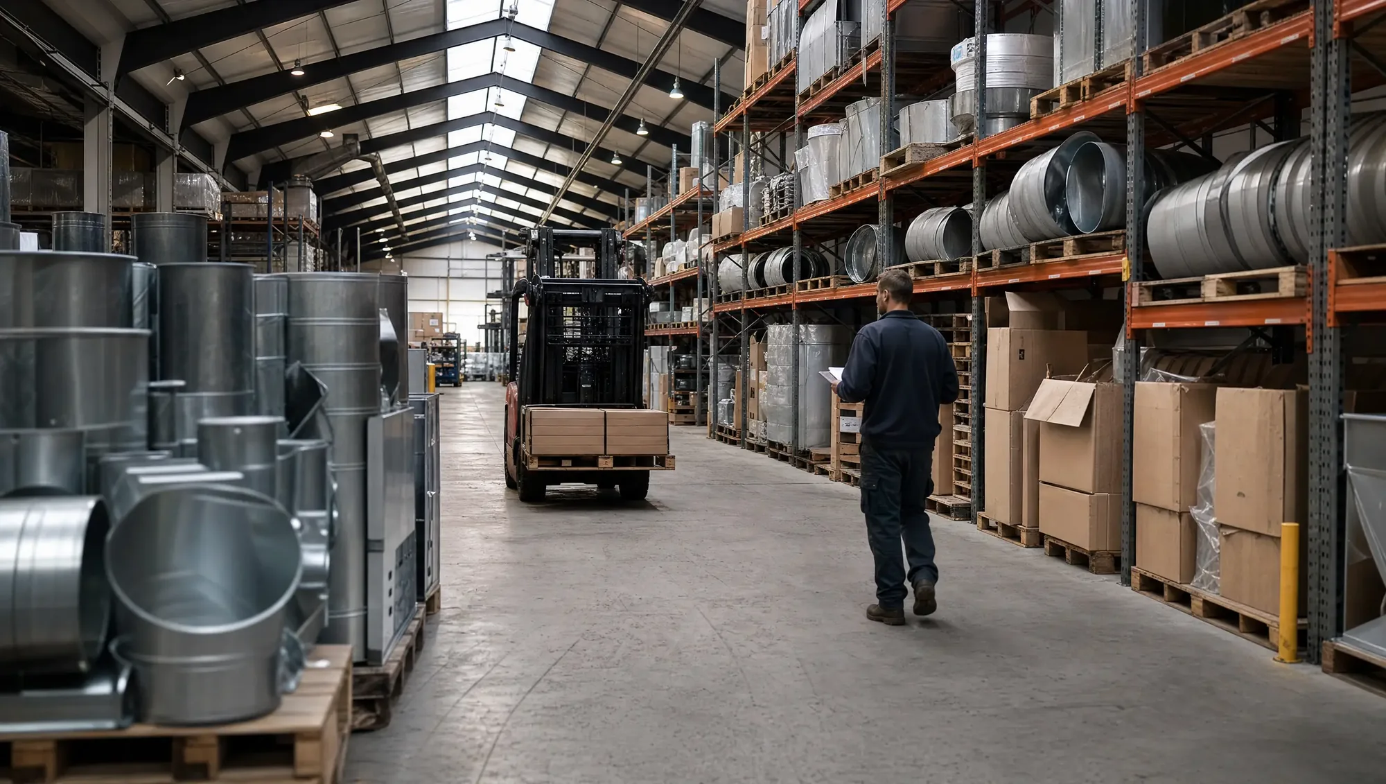 Wide view across the floor of an air-conditioning distribution centre