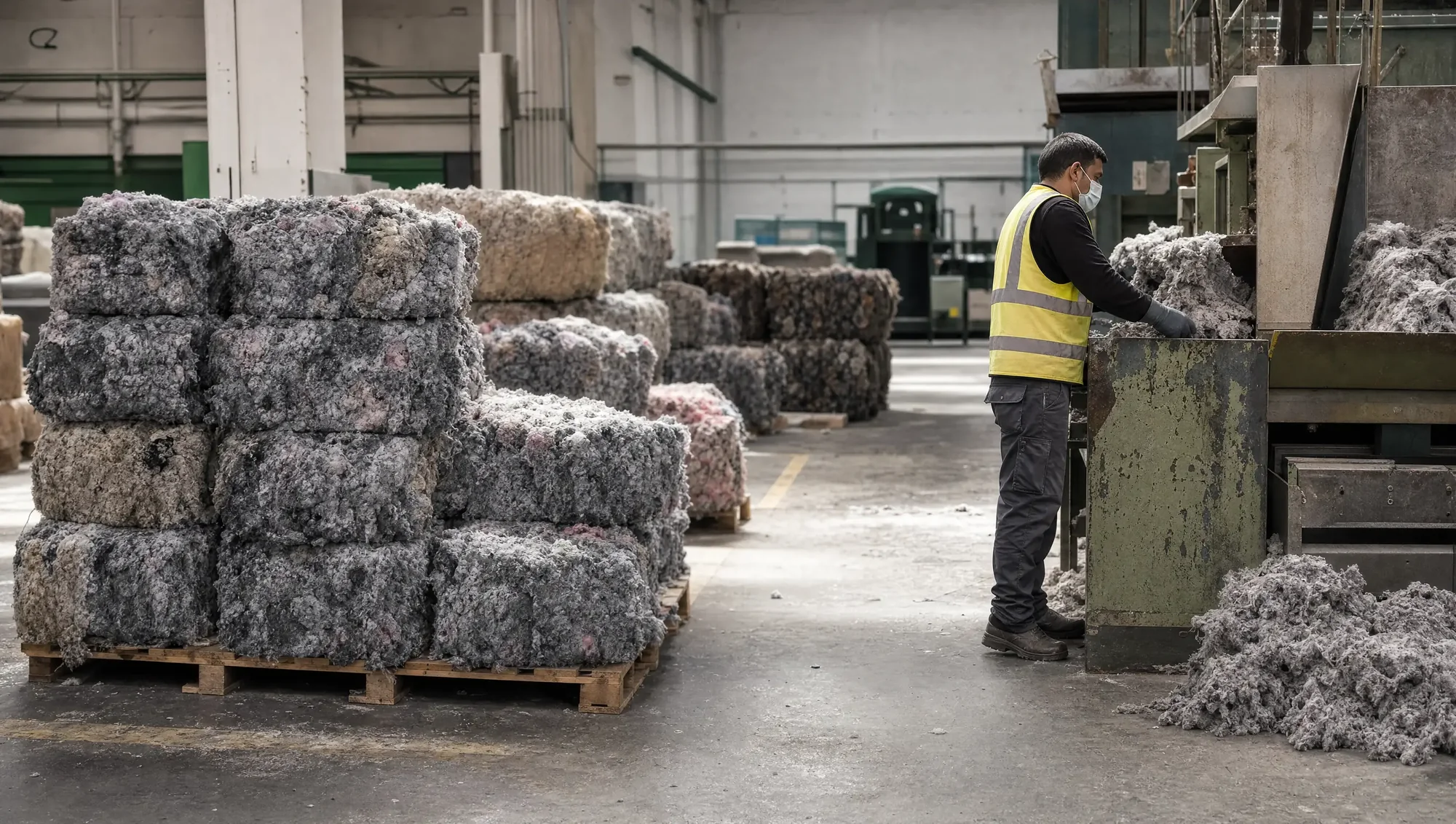 Bales of reclaimed fibre being sorted for reuse