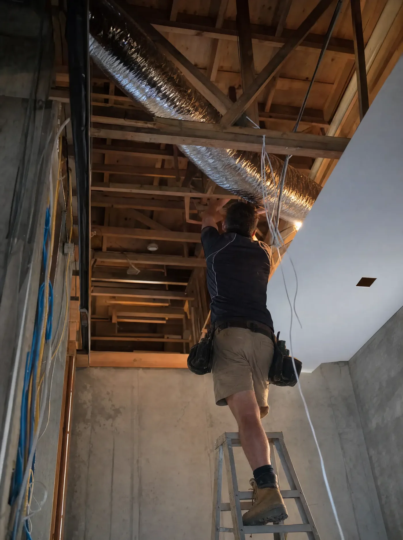 An installer working in a ceiling space where flexible duct is run