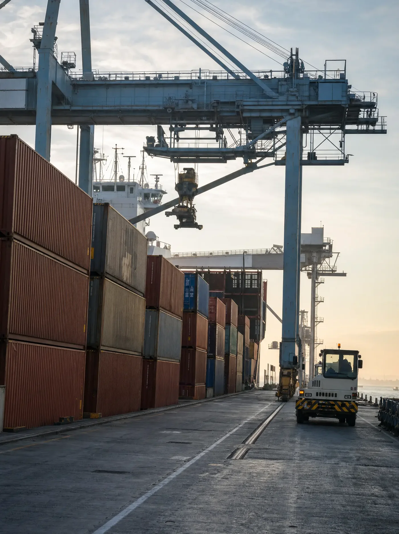 Stacked shipping containers and a gantry crane at a container terminal