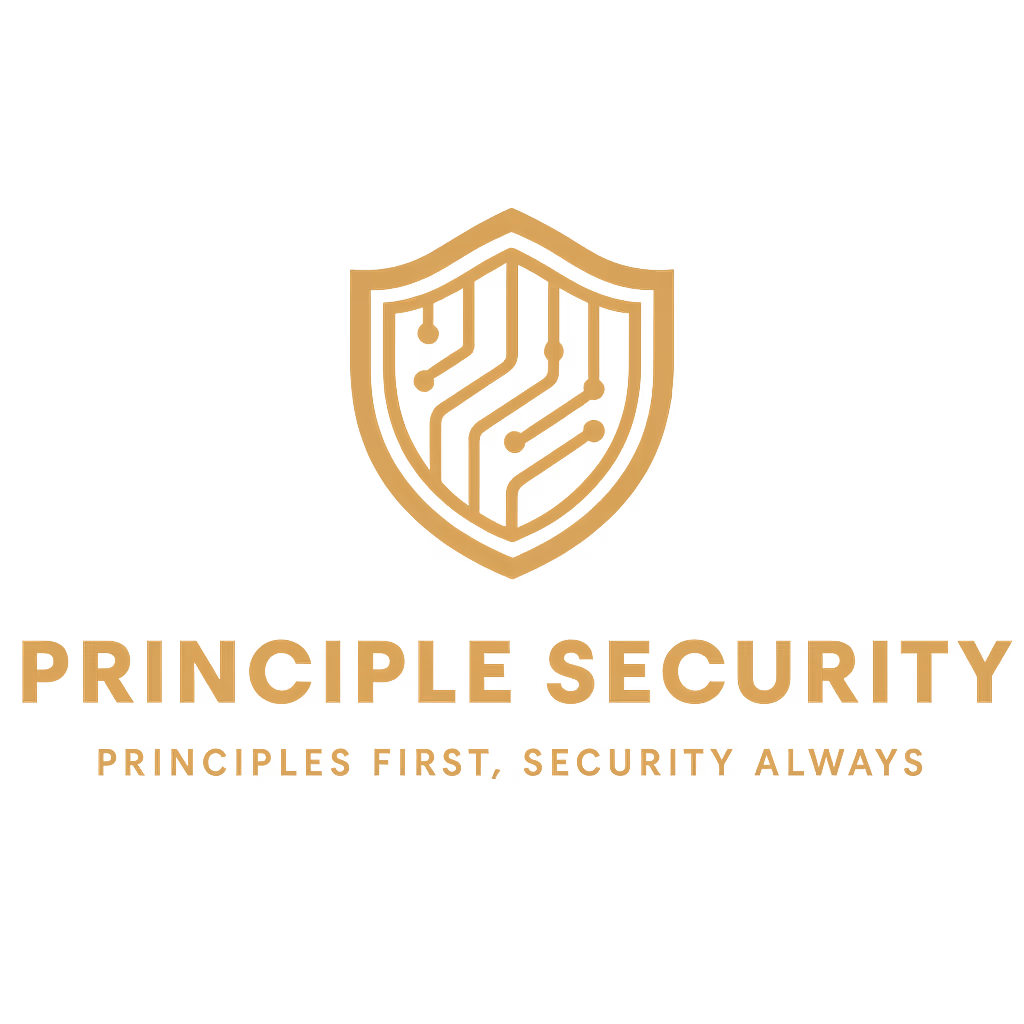 Glowing shield emblem above the text 'PRINCIPLE SECURITY' and 'PRINCIPLES FIRST, SECURITY ALWAYS' on a dark background.