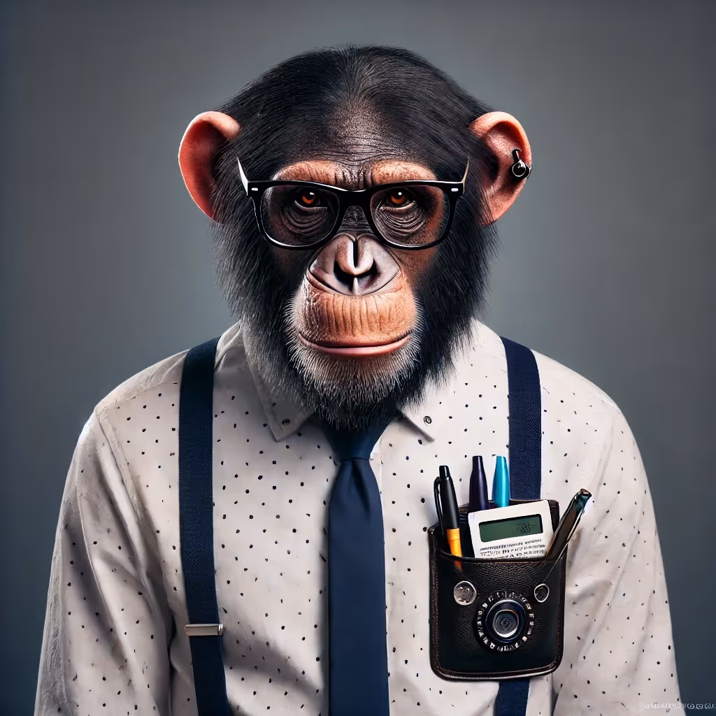 Chimpanzee wearing black glasses, white shirt with black dots, blue tie, and suspenders with a pocket holding pens and a calculator.