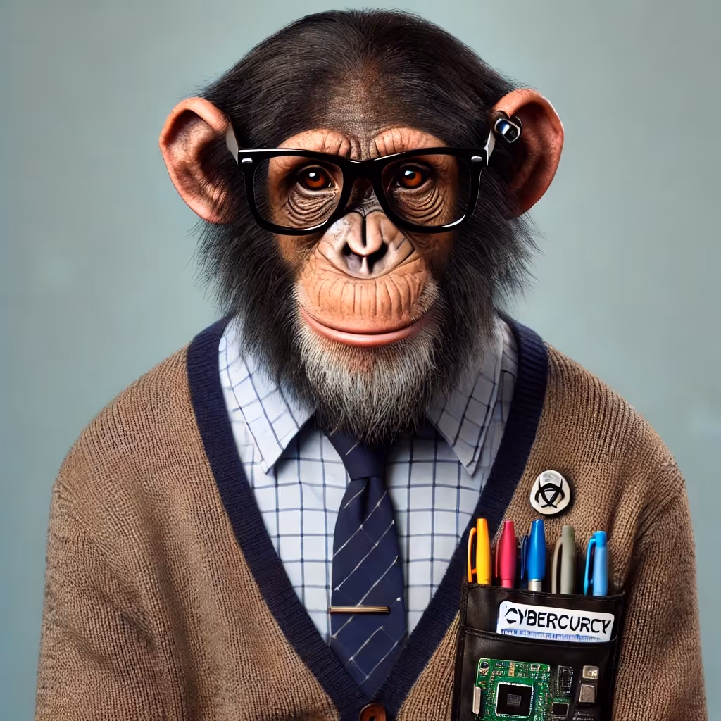 A serious looking illustration of a chimpanzee looking very human like wearing a 70s style smoking shirt over a dress shirt, glasses, and a pocket protector filled with pens.