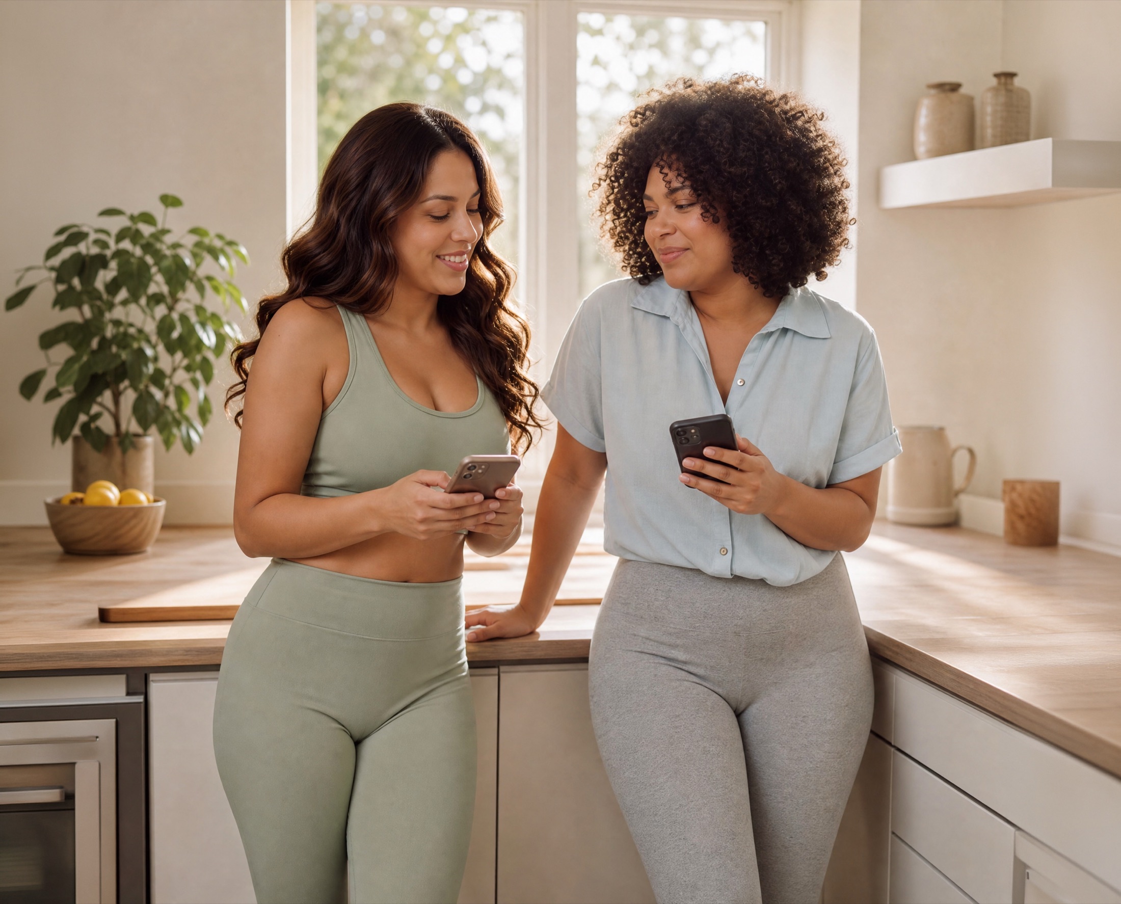 Two women smiling together in a sunlit kitchen
