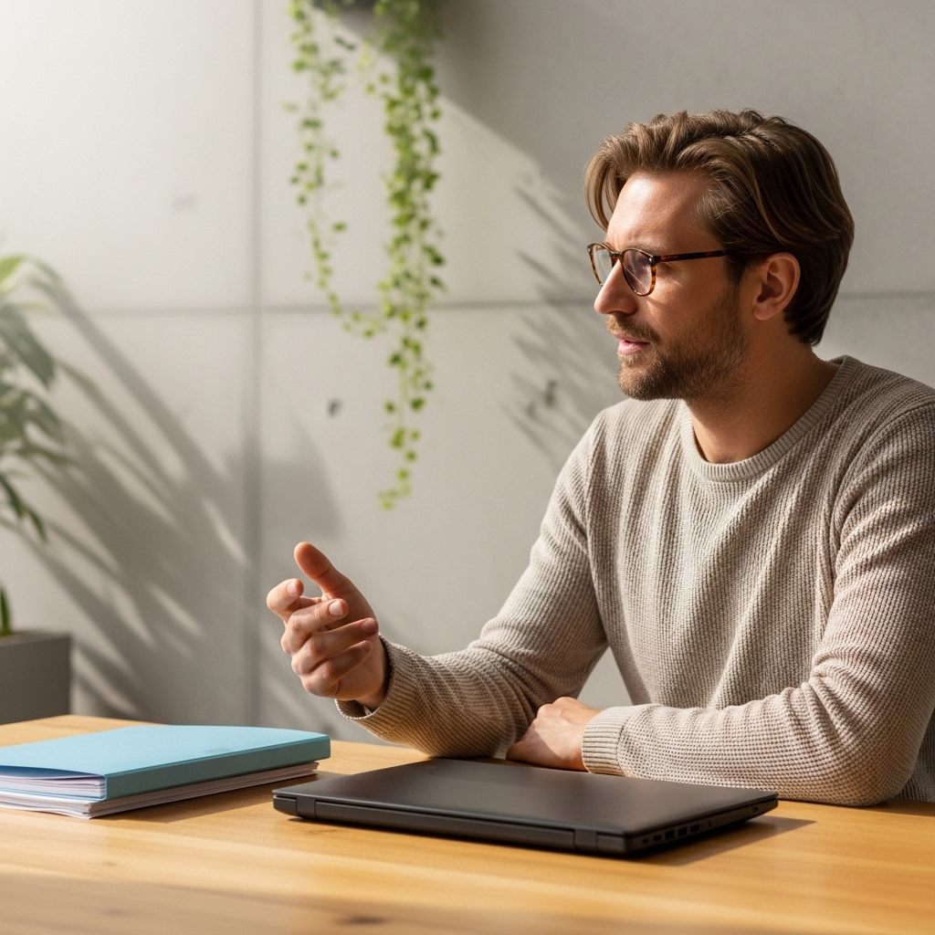 A man with brown hair and glasses wearing a beige sweater sits at a wooden desk, gesturing with his hand as if speaking or explaining something. On the desk in front of him are a closed laptop and some blue folders or documents. Behind him is a white brick wall with trailing green plants, creating a modern, comfortable workspace environment with natural lighting.