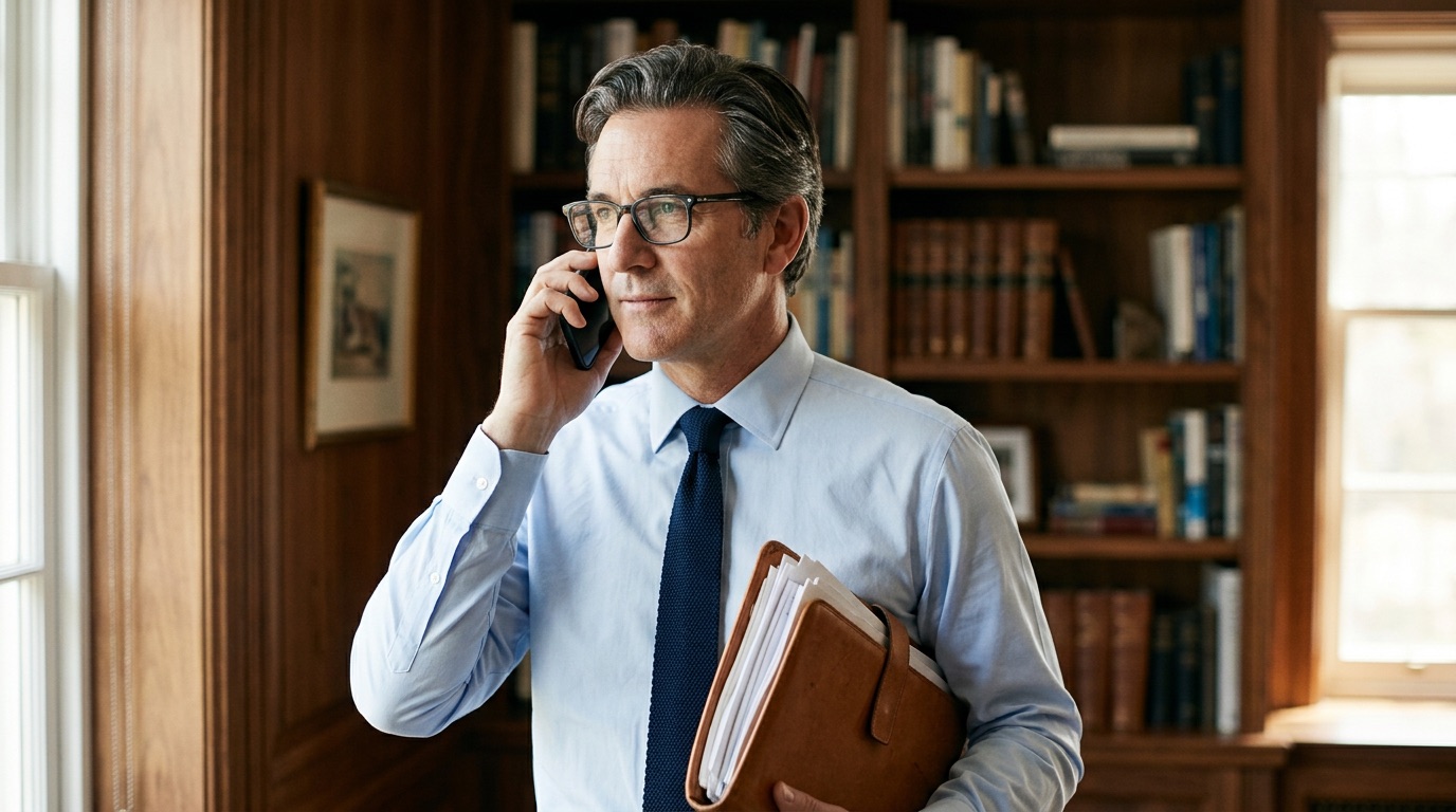 An executive taking a call on a personal mobile phone at home, carrying a folder of papers.