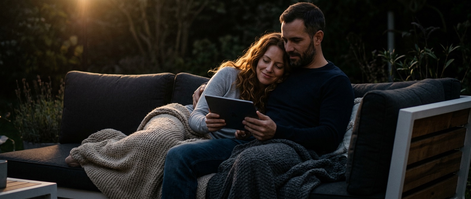 Family members at home using connected devices.