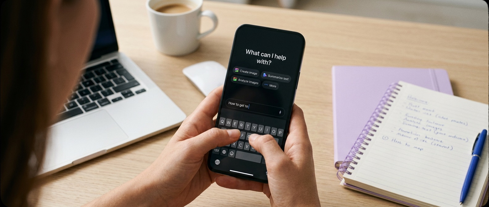 Someone using an AI assistant on a phone beside a laptop and notebook at a desk.