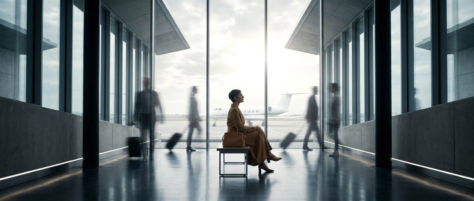 A traveller waiting alone in an airport terminal as other passengers pass by.